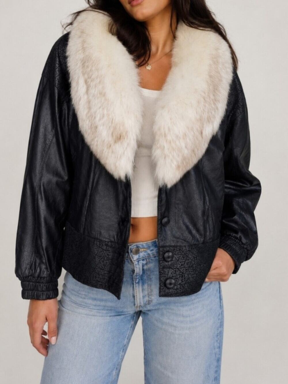 Vintage Switzers 70s Fox Fur Leather Bomber Jacket Black Size Large